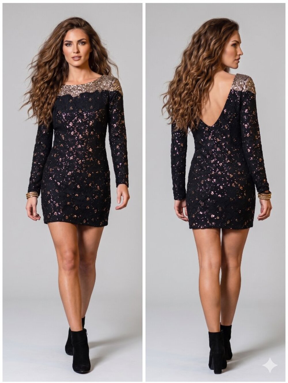 Antik Batik Sequin & Lace Long Sleeve Backless Mini Dress - Black/Gold Size M